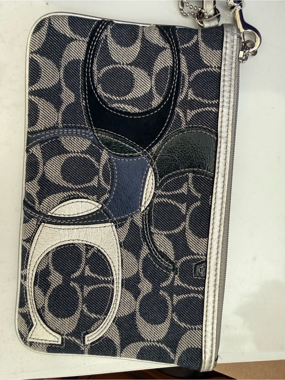 Vintage Coach Patchwork Signature Wristlet - Navy, Silver, Black